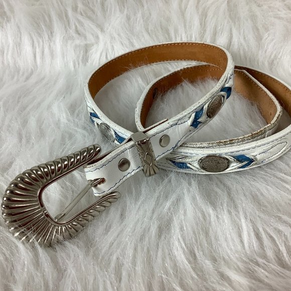 Vintage Accessories - Vintage Nocona White Leather Conchos Twisted Blue Leather Skinny Western Belt